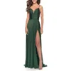 La Femme Versatile Long Jersey Gown With V And Slit In Emerald