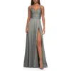 La Femme Versatile Long Jersey Gown With V And Slit In Silver