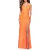 La Femme Vibrant Wrap Style Sequin Dress With Slit In Orange