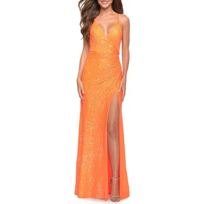 La Femme Vibrant Wrap Style Sequin Dress With Slit In Orange