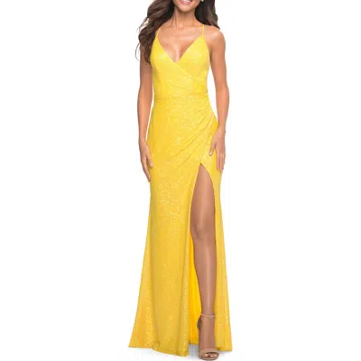 La Femme Vibrant Wrap Style Sequin Dress With Slit In Yellow