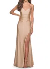 La Femme Cross Back Satin Jersey Trumpet Gown In Neutral