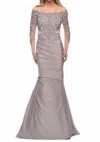La Femme Satin Mermaid Gown With Off The Shoulder Lace Bodice In Silver In Gray