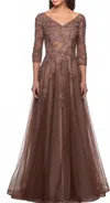 La Femme A-line Tulle Gown With Floral Lace Detail And V-neck In Brown