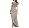 La Femme Women's Surplice Off The Shoulder Gown In Pewter In Silver