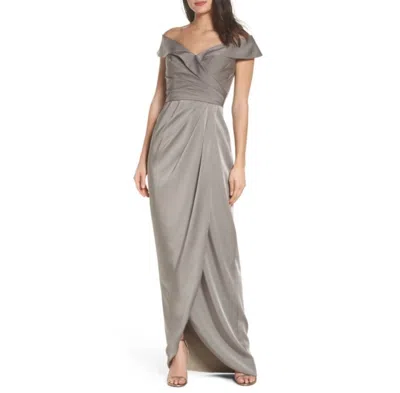 La Femme Women's Surplice Off The Shoulder Gown In Pewter In Silver