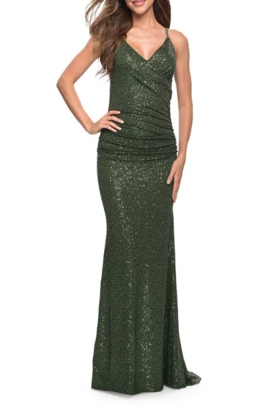La Femme Wrap Style Long Gown In Emerald