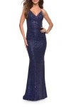 La Femme Wrap Style Long Gown In Navy