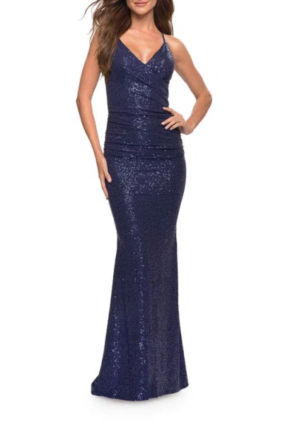 La Femme Wrap Style Long Gown In Navy