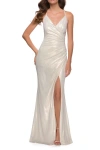 La Femme Wrap Style Metallic Jersey Gown With Ruching In White/gold