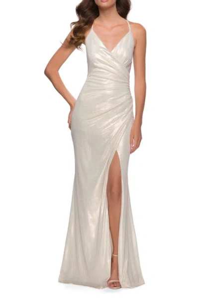 La Femme Wrap Style Metallic Jersey Gown With Ruching In White/gold