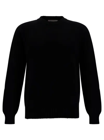 La Fileria Black Crewneck Jumper With Ribbed Trims In Cashmere And Wool