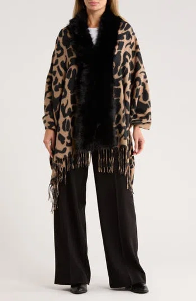 La Fiorentina Animal Print Faux Fur Trim Wrap In Black