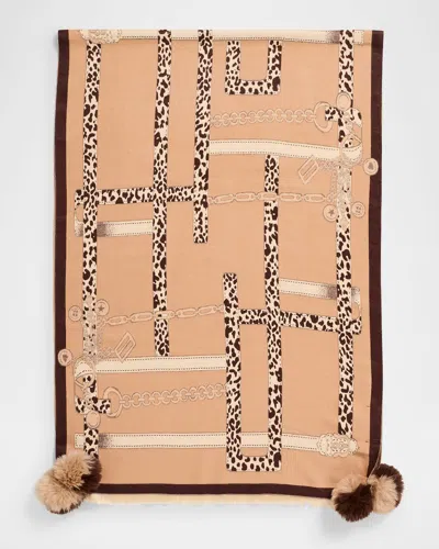 La Fiorentina Animal-print Scarf W/ Faux Fur Poms In Brown