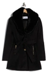 La Fiorentina Belted Faux Fur Collar Coat In Black
