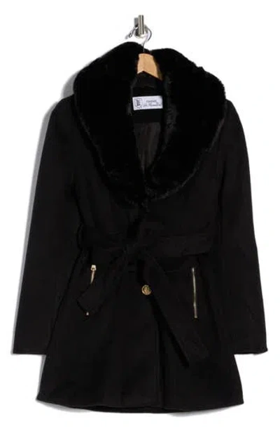 La Fiorentina Belted Faux Fur Collar Coat In Black