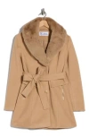 La Fiorentina Belted Faux Fur Collar Coat In Brown
