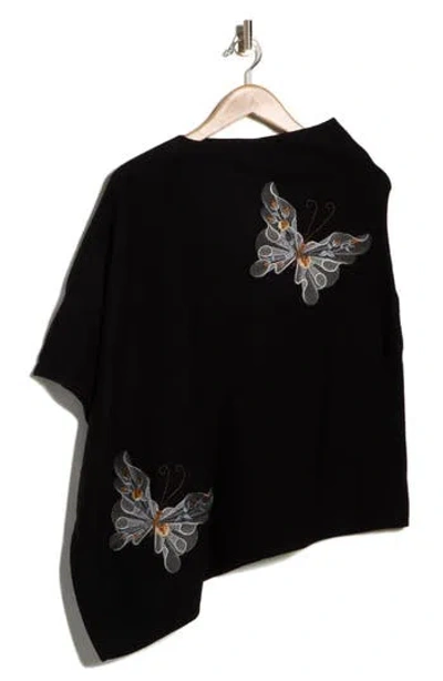 La Fiorentina Butterfly Embroidered Poncho In Black