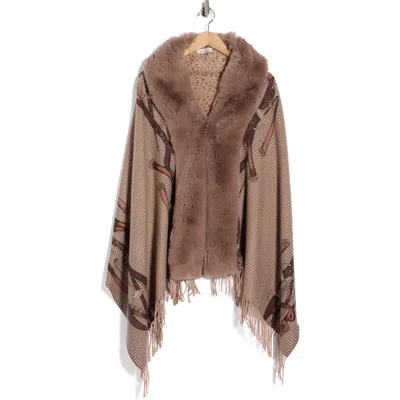 La Fiorentina Chain Print Fringe Wool Wrap With Faux Fur Trim In Brown