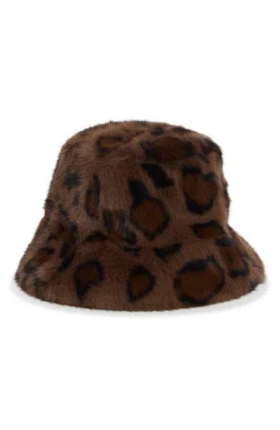 La Fiorentina Faux Fur Animal Print Bucket Hat In Brown
