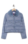 La Fiorentina Faux Fur Collared Puffer Jacket In Blue