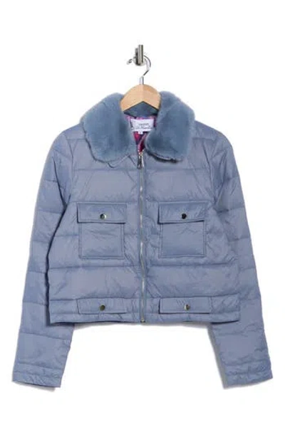 La Fiorentina Faux Fur Collared Puffer Jacket In Blue