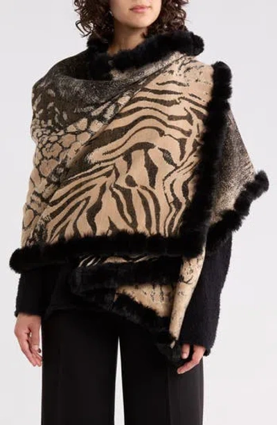 La Fiorentina Faux Fur Trim Animal Print Ruana In Brown