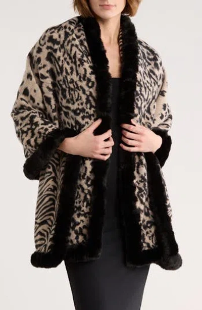 La Fiorentina Faux Fur Trim Animal Print Wrap Scarf In Black