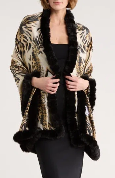 La Fiorentina Faux Fur Trim Animal Print Wrap Scarf In Black