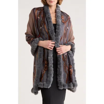 La Fiorentina Faux Fur Trim Chain Print Wrap Scarf In Gray
