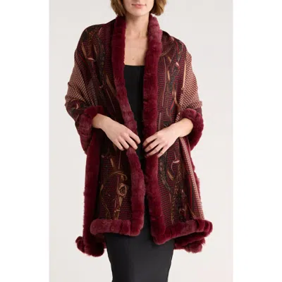 La Fiorentina Faux Fur Trim Chain Print Wrap Scarf In Red