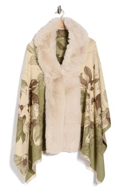 La Fiorentina Faux Fur Trim Floral Wrap In Multi