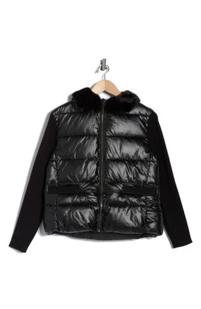 La Fiorentina Faux Fur Trim Hooded Puffer Jacket In Black