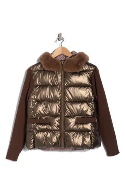La Fiorentina Faux Fur Trim Hooded Puffer Jacket In Brown