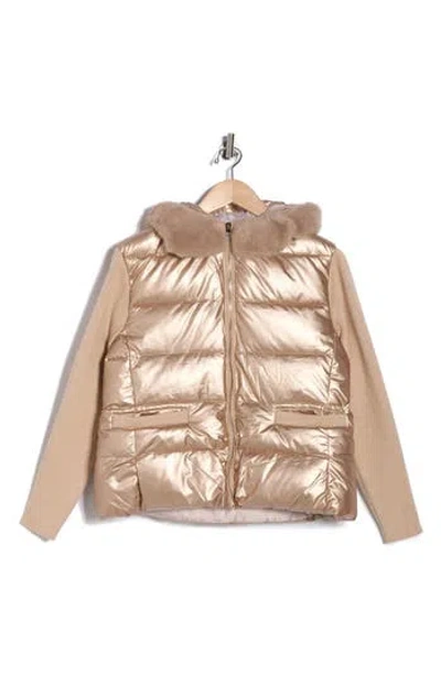 La Fiorentina Faux Fur Trim Hooded Puffer Jacket In Gold