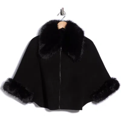 La Fiorentina Faux Fur Trim Wool Cape In Black