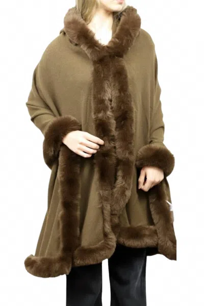La Fiorentina Faux Fur Trim Wrap With Hood In Gamel In Gold