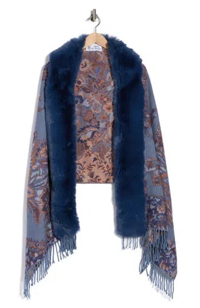 La Fiorentina Floral Print Faux Fur Trim Wrap In Blue