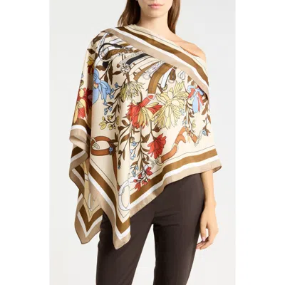 La Fiorentina Floral Print Satin Poncho In Brown