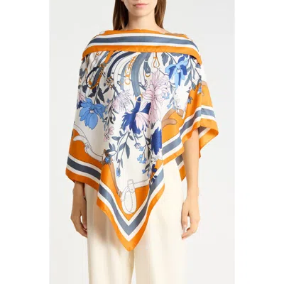 La Fiorentina Floral Print Satin Poncho In Orange