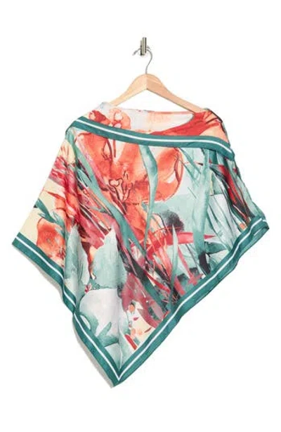 La Fiorentina Floral Print Satin Scarf Poncho In Peacock