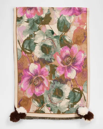 La Fiorentina Floral-print Scarf W/ Faux Fur Poms In Multi