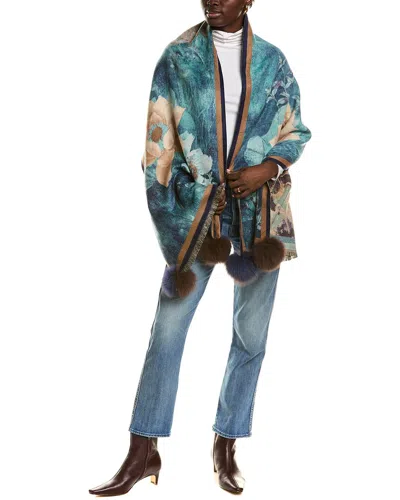 La Fiorentina Floral Print Wrap With Fox Poms In Blue