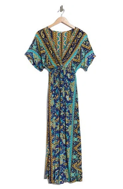 La Fiorentina Floral Surplice V-neck Maxi Dress In Blue
