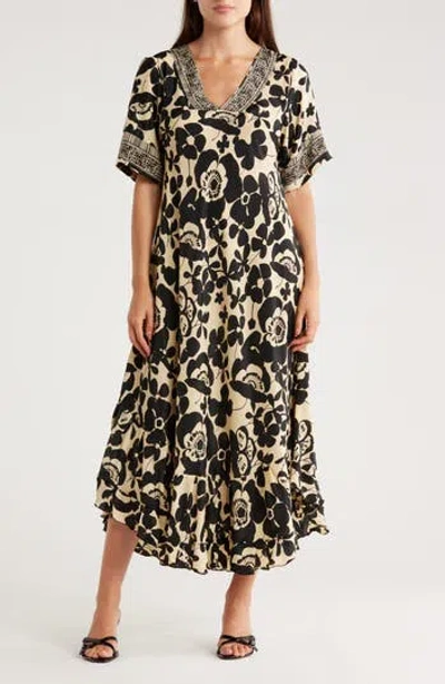 La Fiorentina Floral V-neck Midi Dress In Gold
