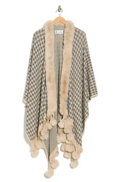 La Fiorentina Houndstooth Ruana With Faux Fur Trim In Brown