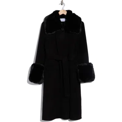 La Fiorentina Longline Wool Coat With Faux Fur Trim In Black