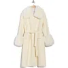 La Fiorentina Longline Wool Coat With Faux Fur Trim In White
