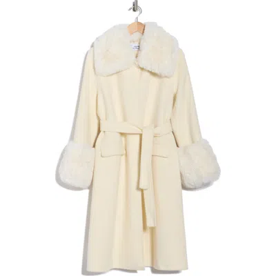 La Fiorentina Longline Wool Coat With Faux Fur Trim In White