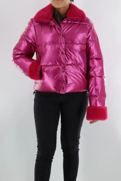 La Fiorentina Metallic Puffer Jacket With Faux Fur Collar In Pink